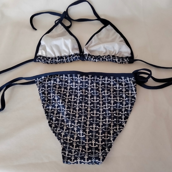 Summer Bikini 2 Piece Triangle Top Tie Side Design Blue with White Anchors L - Picture 3 of 13